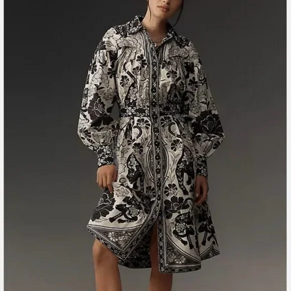 Farm Rio Anthropologie Long-Sleeve Collared Midi Shirt Dress Black White XS NWT